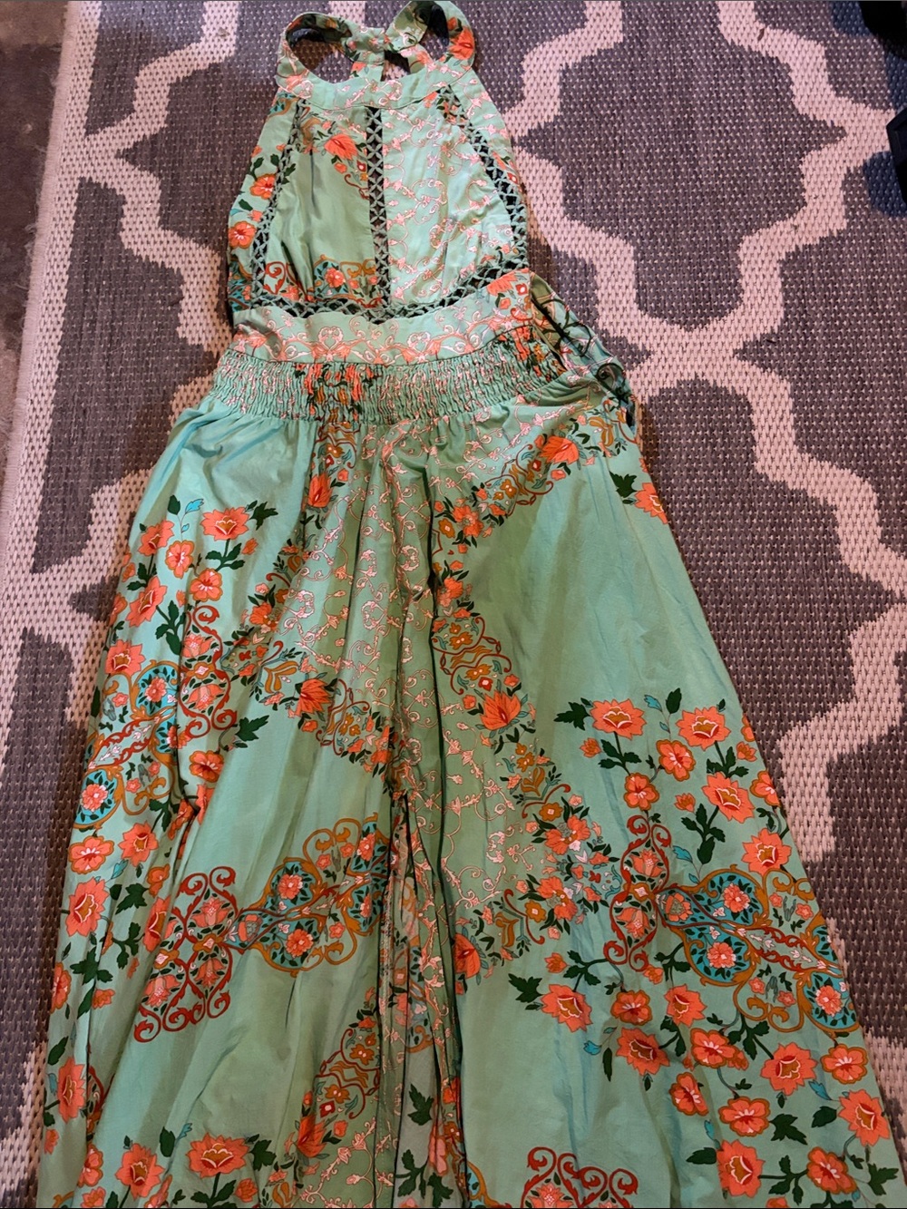 Jaase Green Maxi Dress with Orange Floral Print